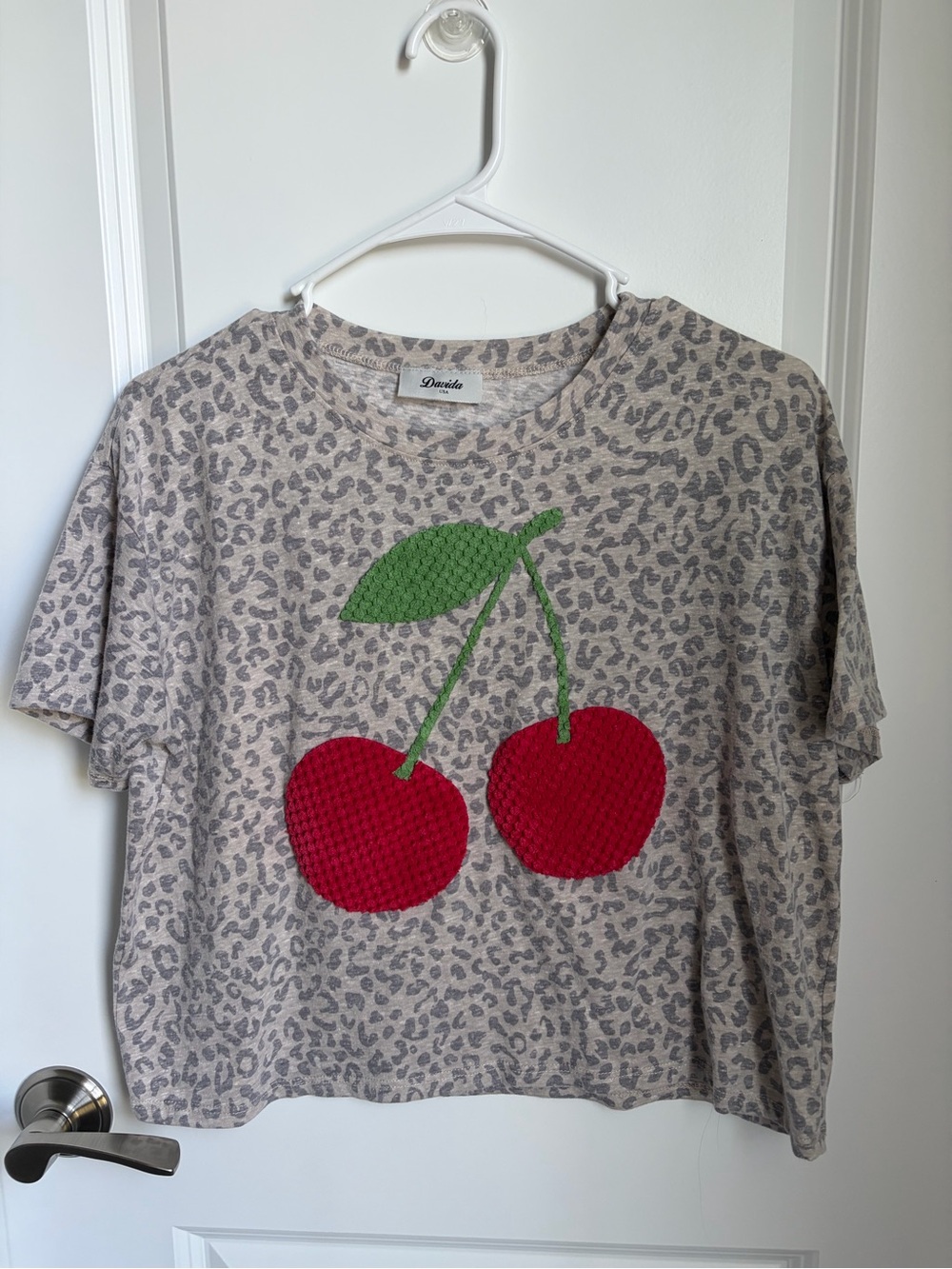Beige Leopard Short Sleeve Tee with Red Cherry Appliqué